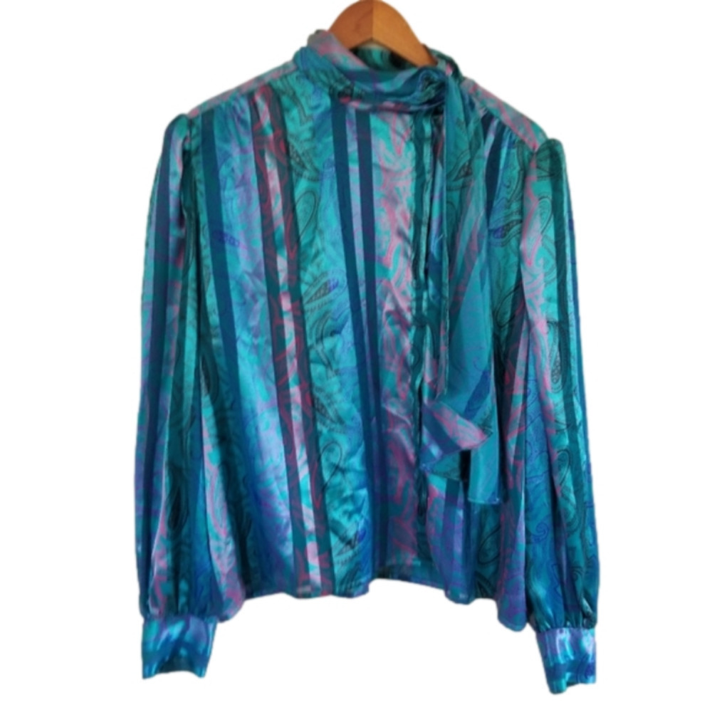 VINTAGE 1970s Paisley Church Grandma Polyester Scarf Blouse Size 18